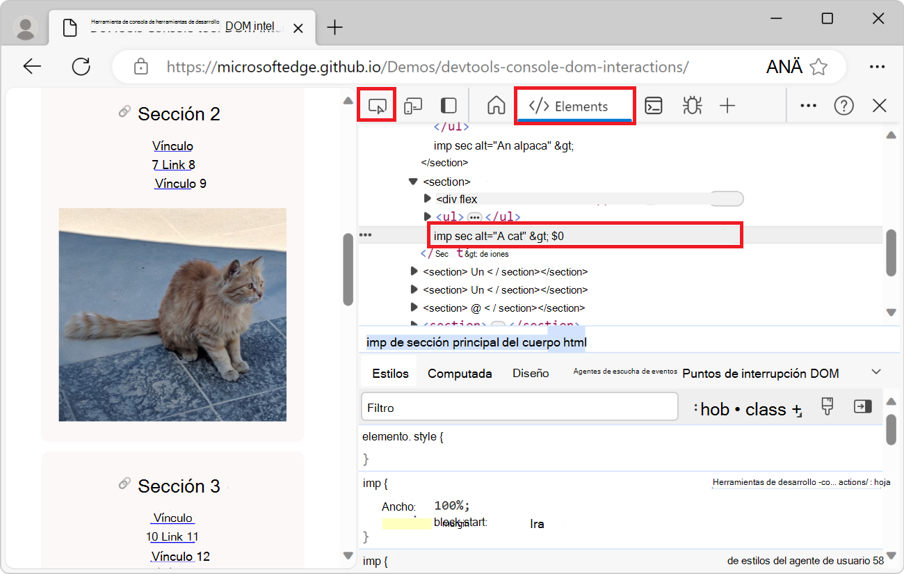 La herramienta Elementos, con el elemento de imagen seleccionado