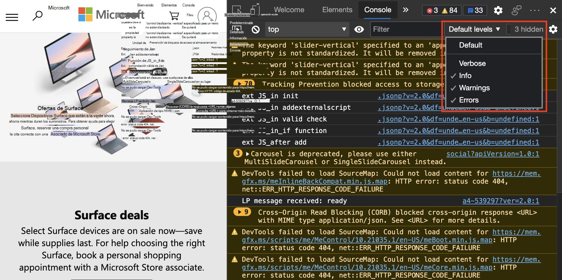 El menú desplegable filtra los mensajes de consola mediante el nivel de registro