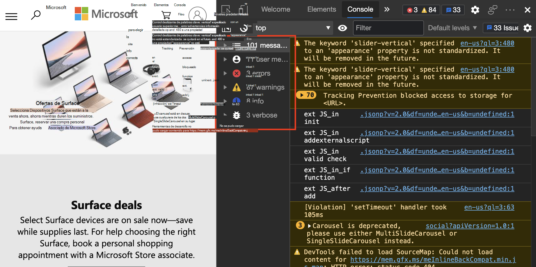 La barra lateral de la consola muestra los diferentes orígenes desde los que se originaron los mensajes