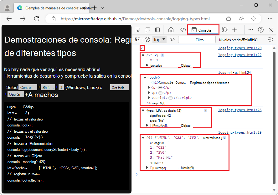 Registrar variables de diferentes tipos en la consola con información adicional expandida