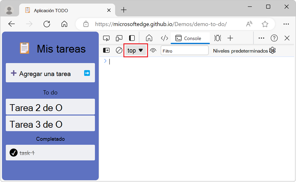 Lista desplegable contexto de JavaScript, que muestra que el contexto superior está seleccionado