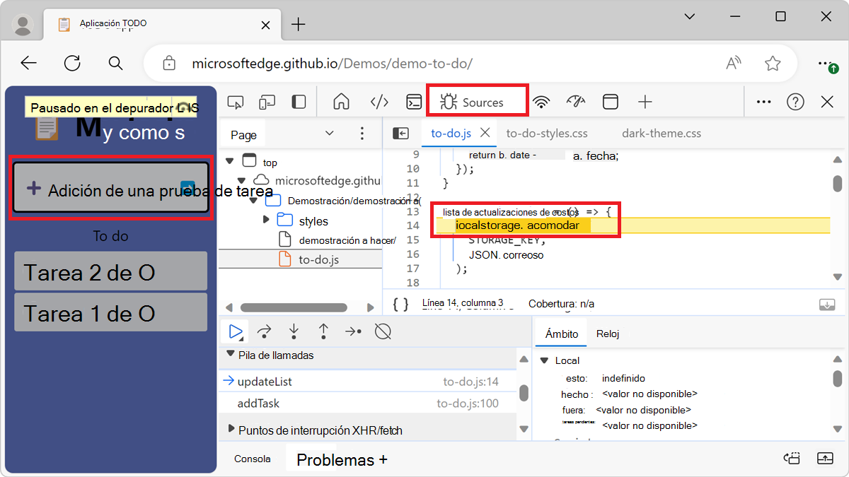 El depurador se pausa dentro de la función updateList()