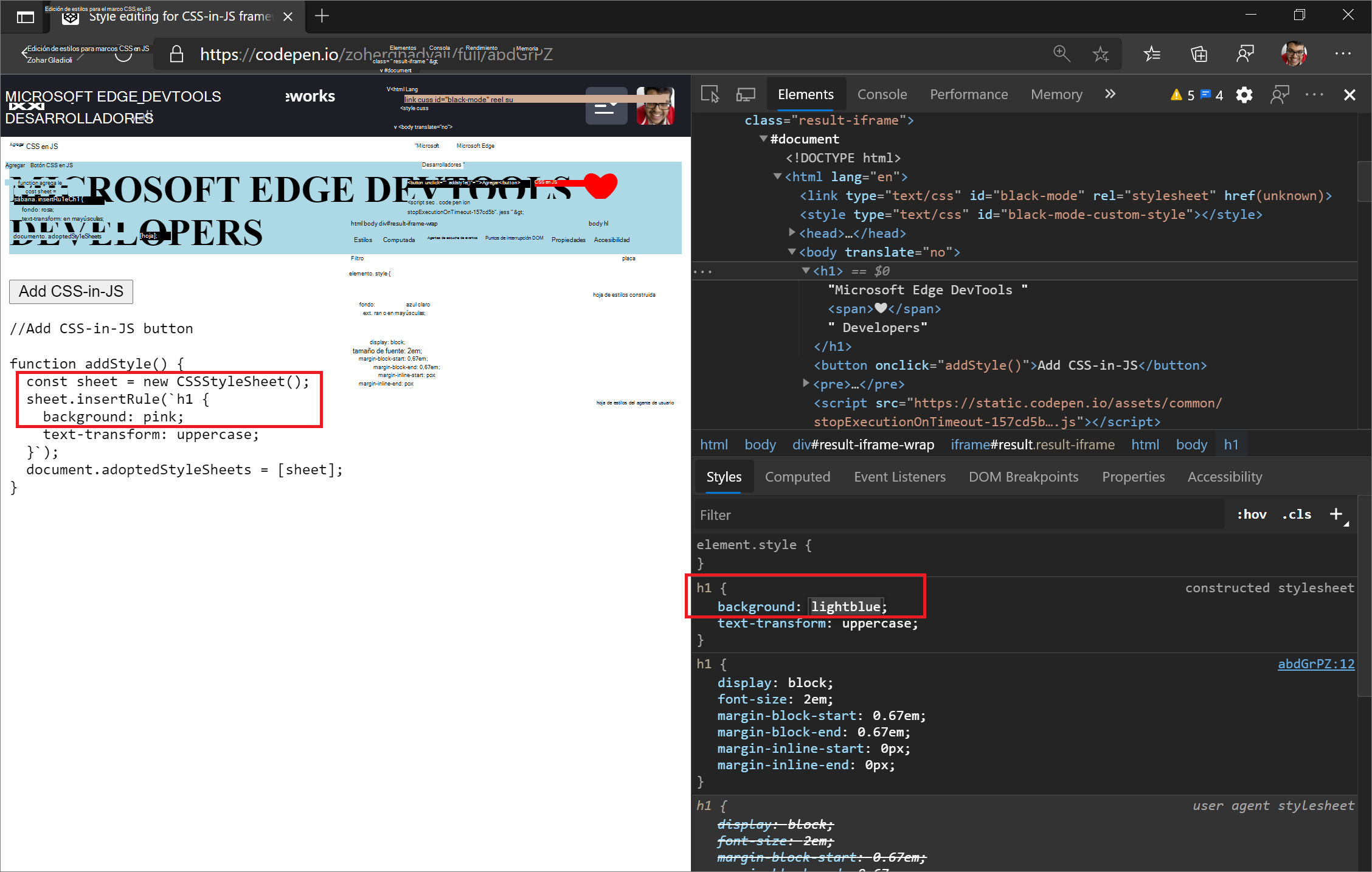 Cambio de la propiedad de fondo de los estilos h1 agregados con 'CSSStyleSheet' de 'pink' a 'lightblue'