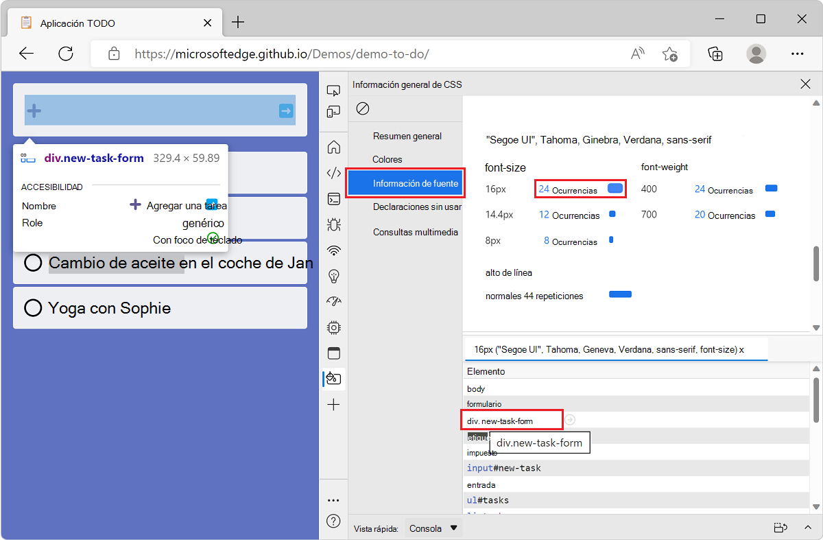 Microsoft Edge, con la aplicación de demostración de lista TODO y DevTools, que muestra la lista de elementos para un tamaño de fuente determinado y un elemento resaltado al mantener el puntero