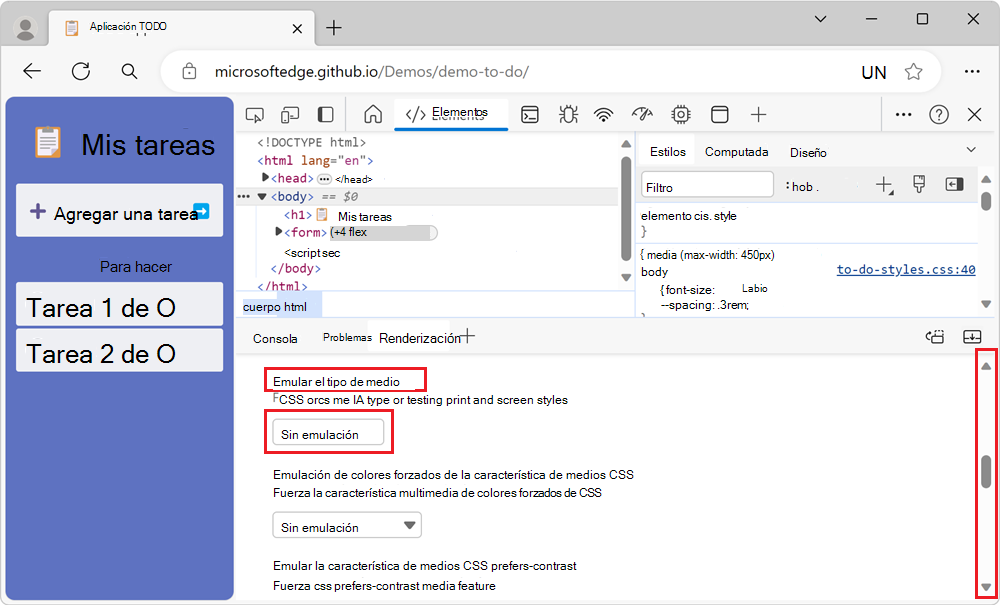 La sección Emulate CSS media type (Emular tipo de medio CSS) de la herramienta Rendering (Representación)