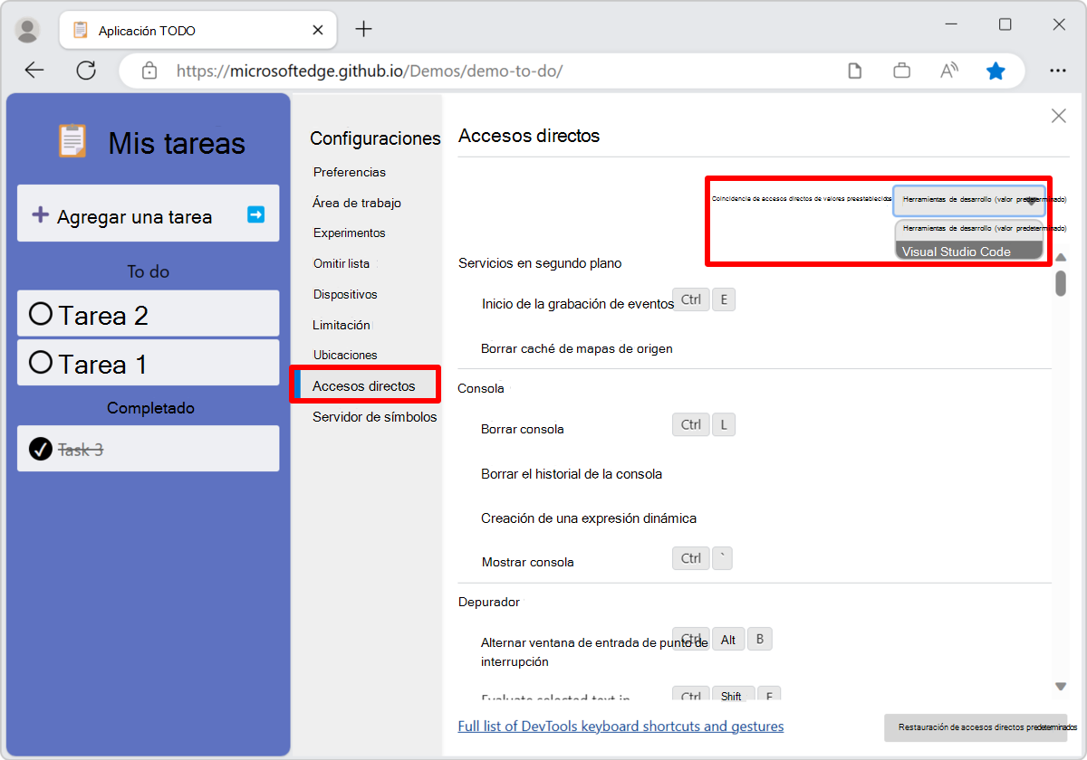 Coincidencia de métodos abreviados de teclado en DevTools para Visual Studio Code
