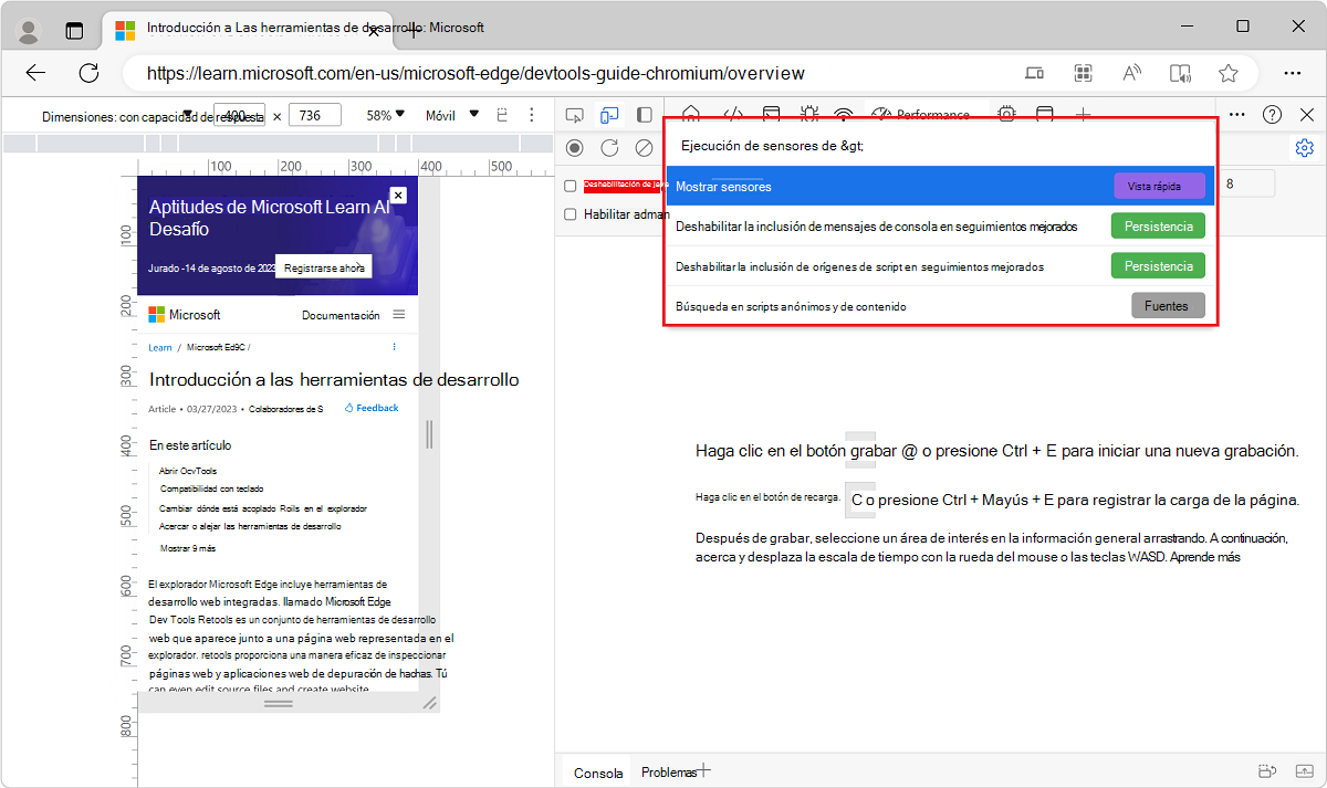 Mostrar sensores para geolocalización, desde el menú Comandos