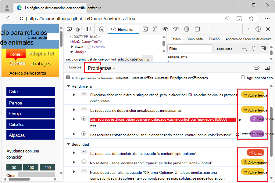 La herramienta Problemas muestra problemas de rendimiento ordenados por gravedad