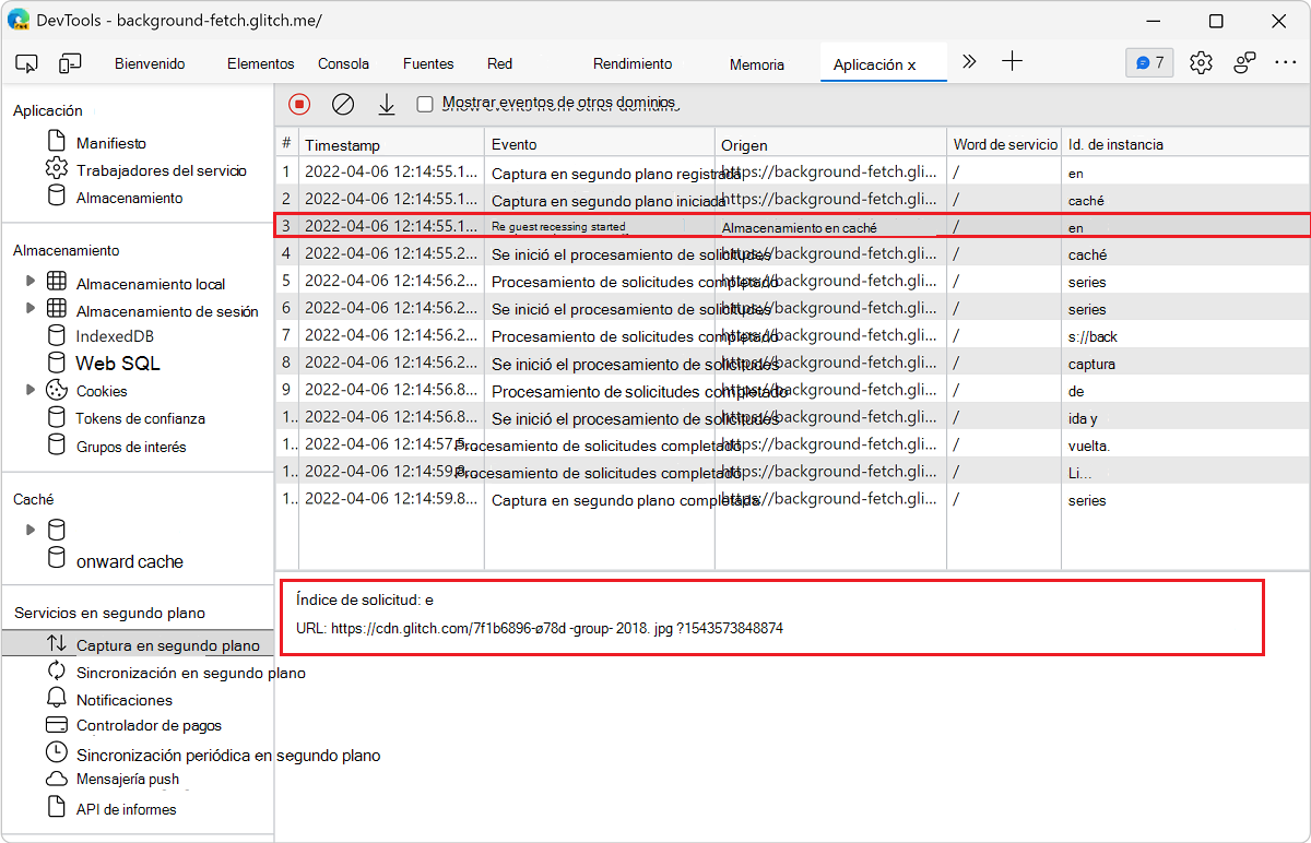 Ver los detalles de un evento en el panel Captura en segundo plano