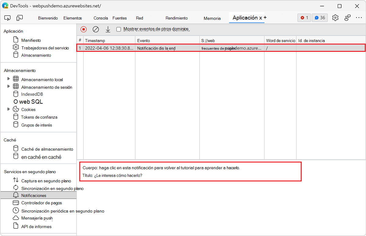 Ver los detalles de un evento en el panel Notificaciones