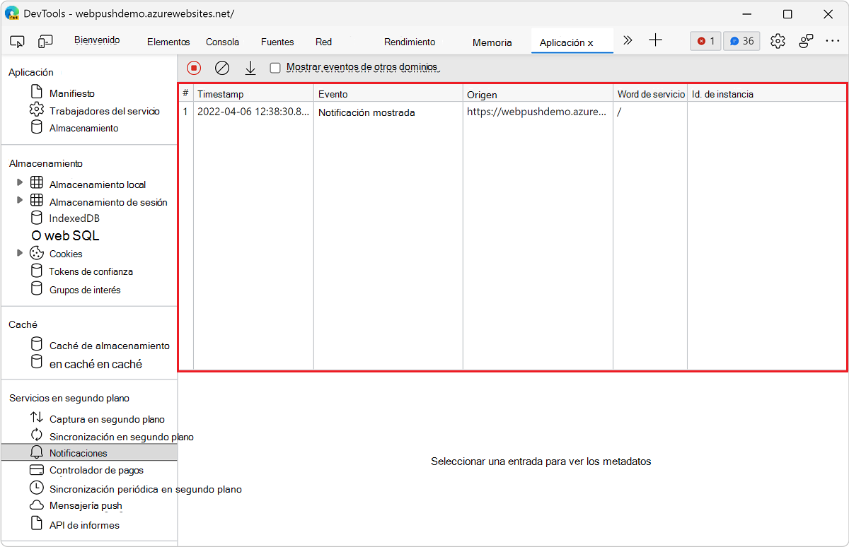 Un registro de eventos en el panel Notificaciones