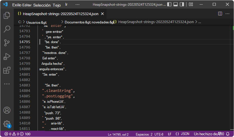 Cadenas de la instantánea del montón, en el archivo JSON