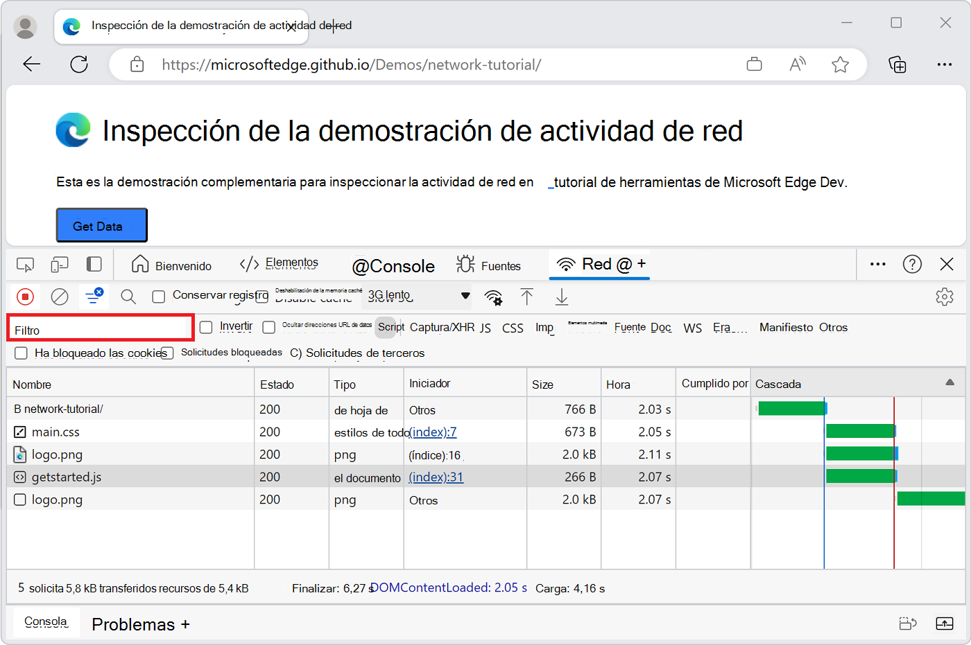 Cuadro de texto de filtro de la herramienta Red