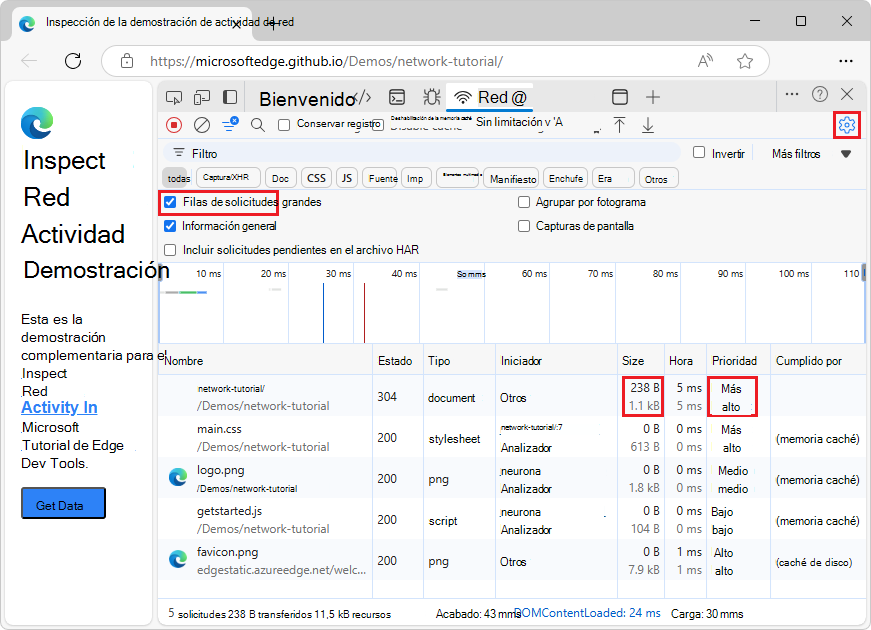 Ejemplo de filas de solicitudes grandes en el panel Solicitudes