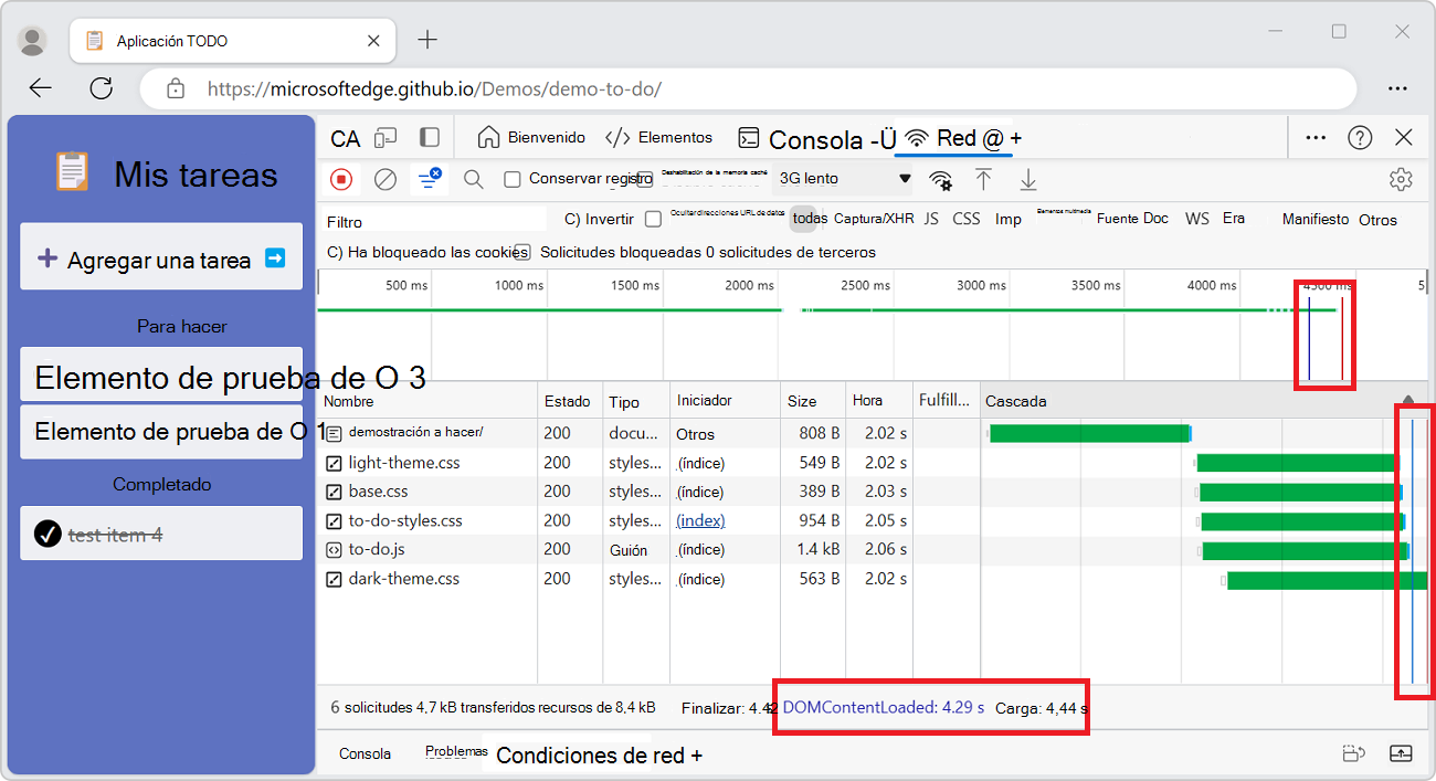 Ubicaciones de los eventos DOMContentLoaded y load en la herramienta Red