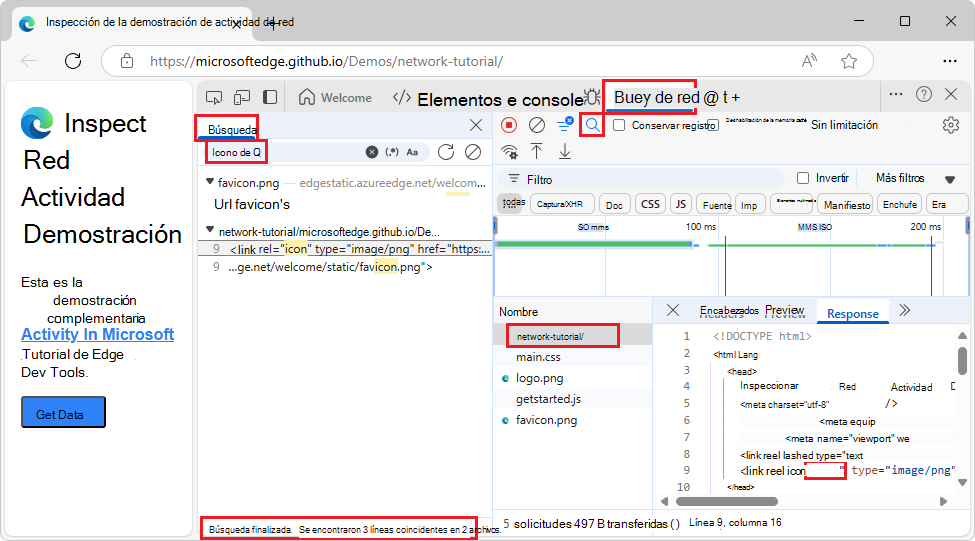 La pestaña Buscar de la derecha de la herramienta Red