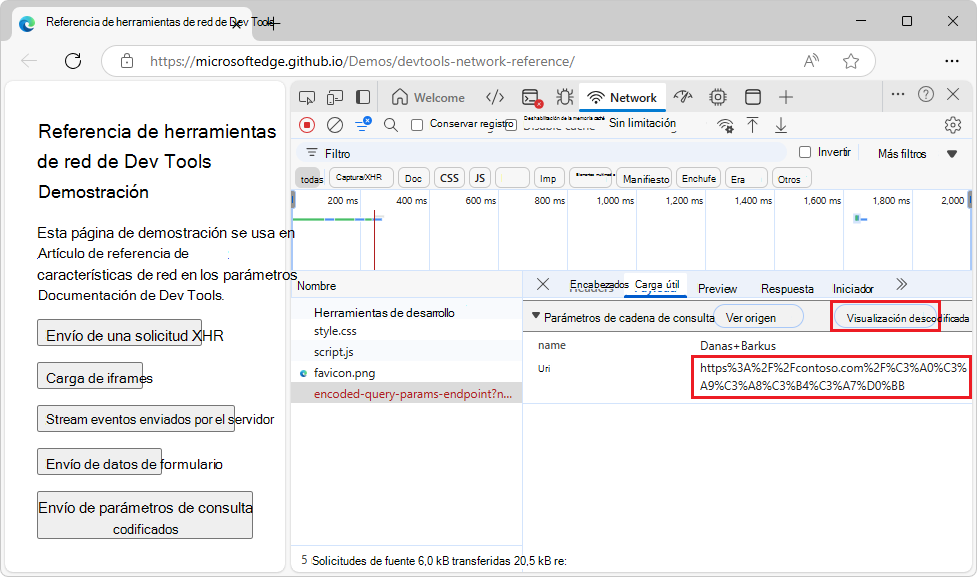 Parámetros de cadena de consulta que se muestran con caracteres codificados en URL