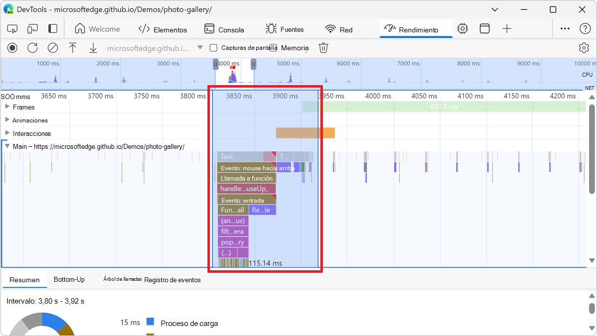 Visualización de la duración de una parte de una grabación