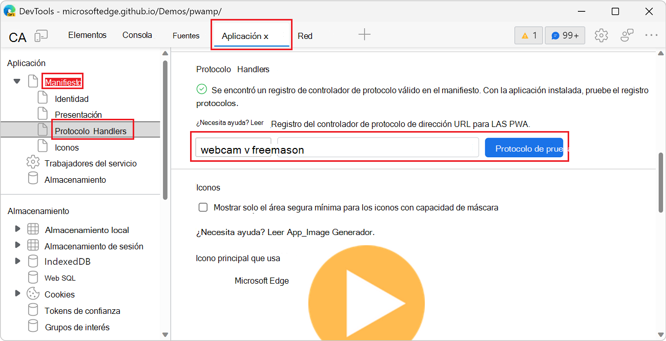 Prueba del protocolo web+amp personalizado desde la herramienta De aplicación