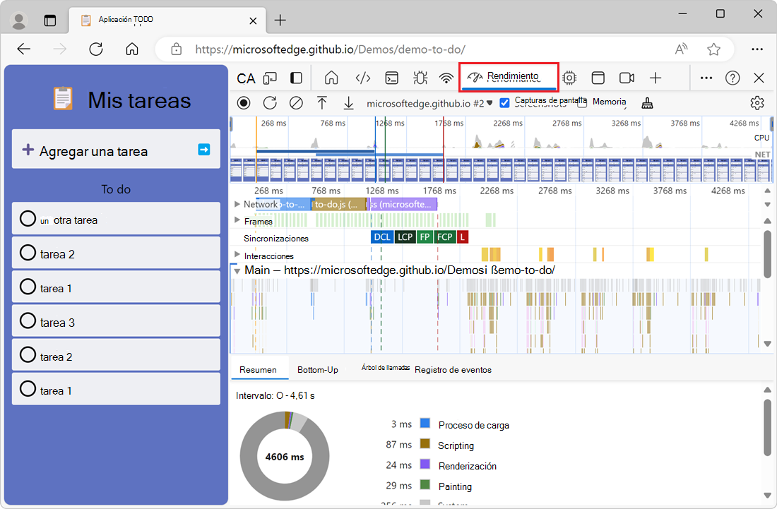 La herramienta Rendimiento que muestra una grabación del rendimiento del sitio web
