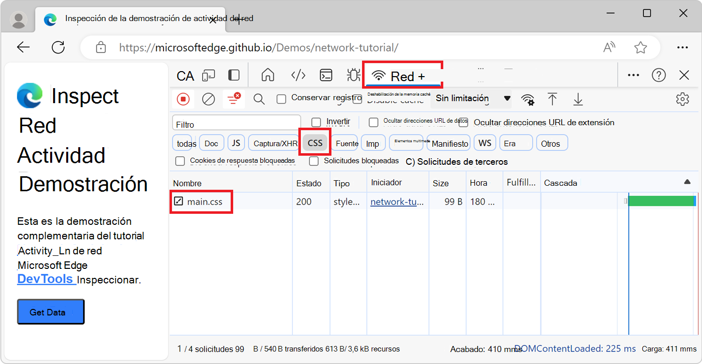 Filtrado para enumerar solo los archivos de recursos CSS en el registro de red