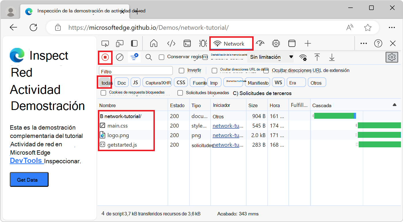 Archivos de recursos de página web enumerados en el registro de red, un archivo de recursos por fila