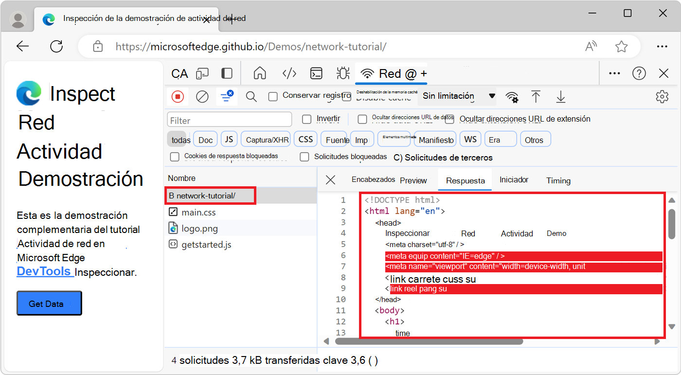 Inspección de un recurso en la herramienta Red