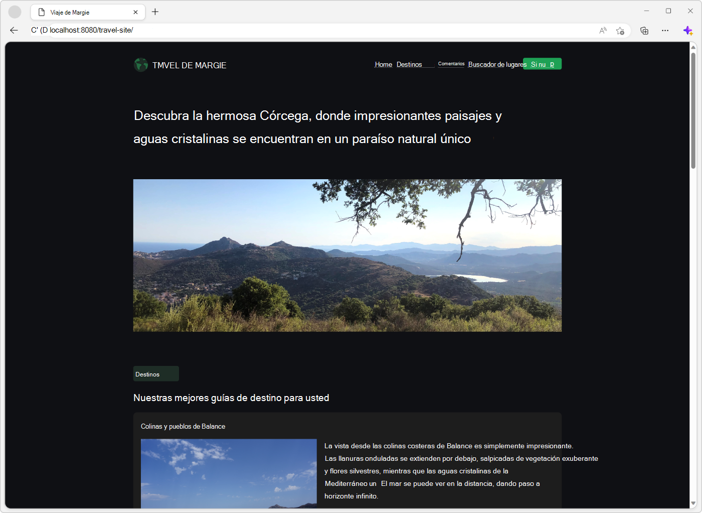 Demostración del sitio web de viajes en Microsoft Edge