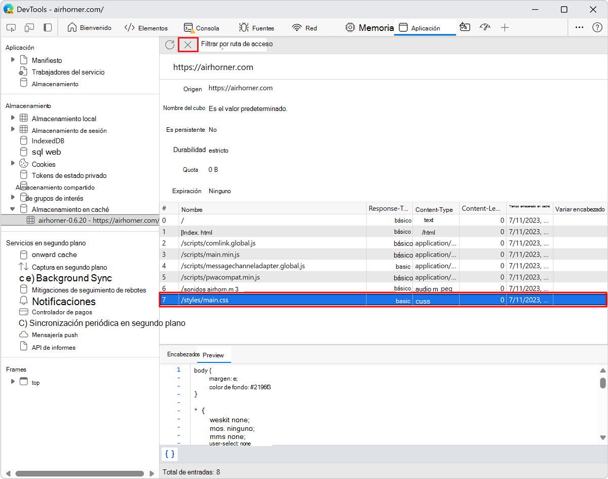 Selección de un recurso que se va a eliminar