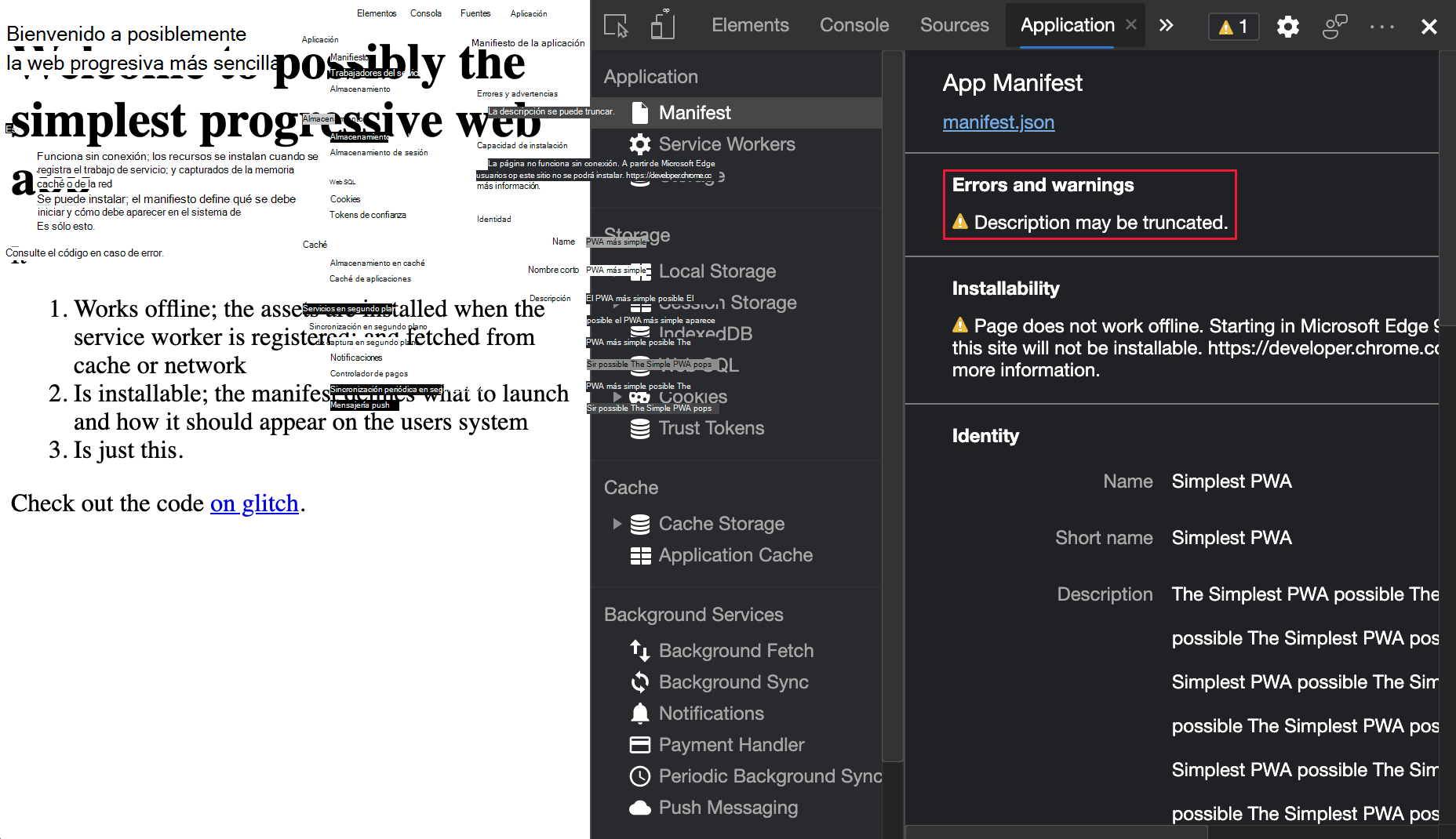 Advertencia de truncamiento de descripción de PWA