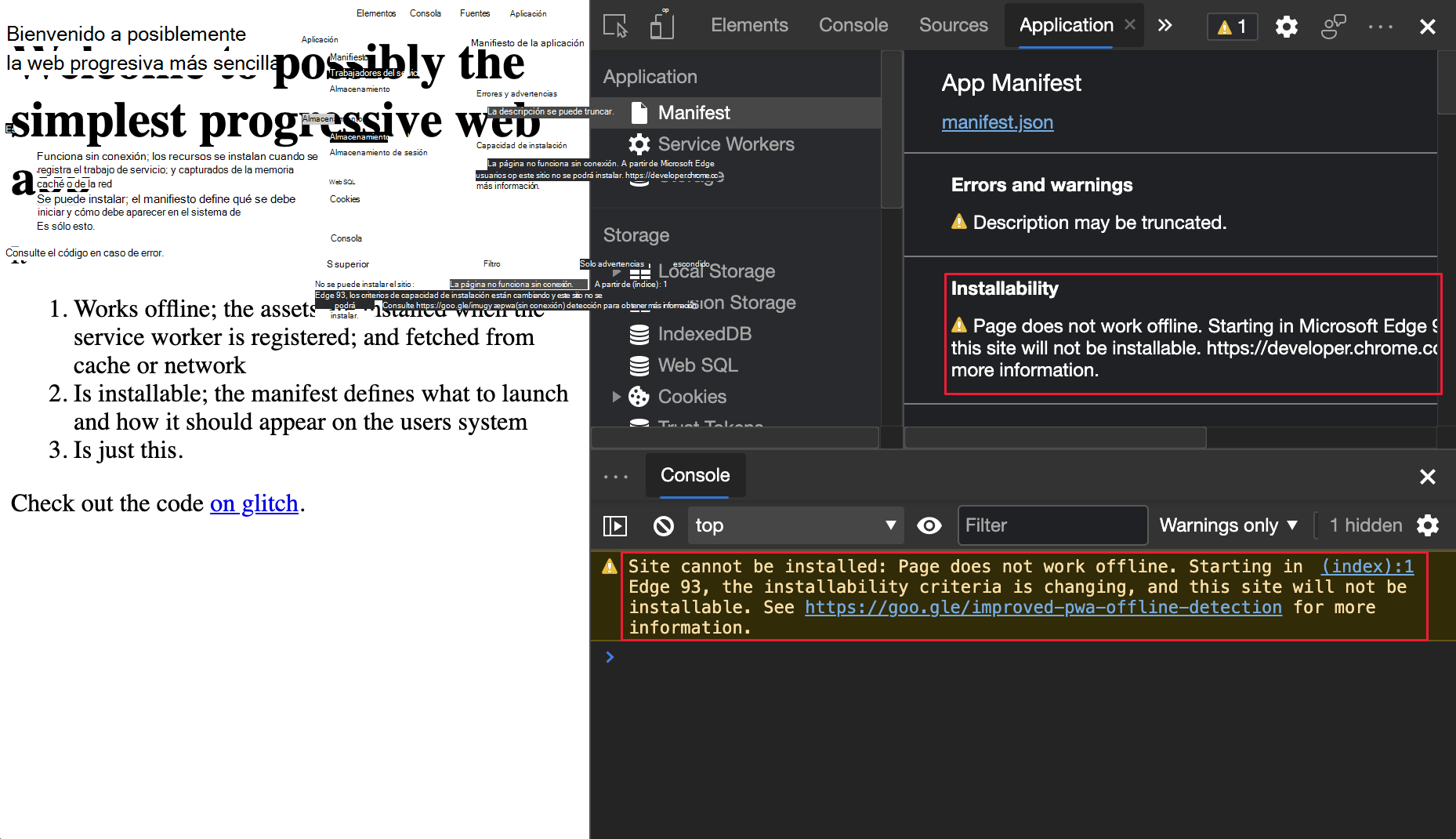 Advertencia de instalación de PWA en la herramienta consola