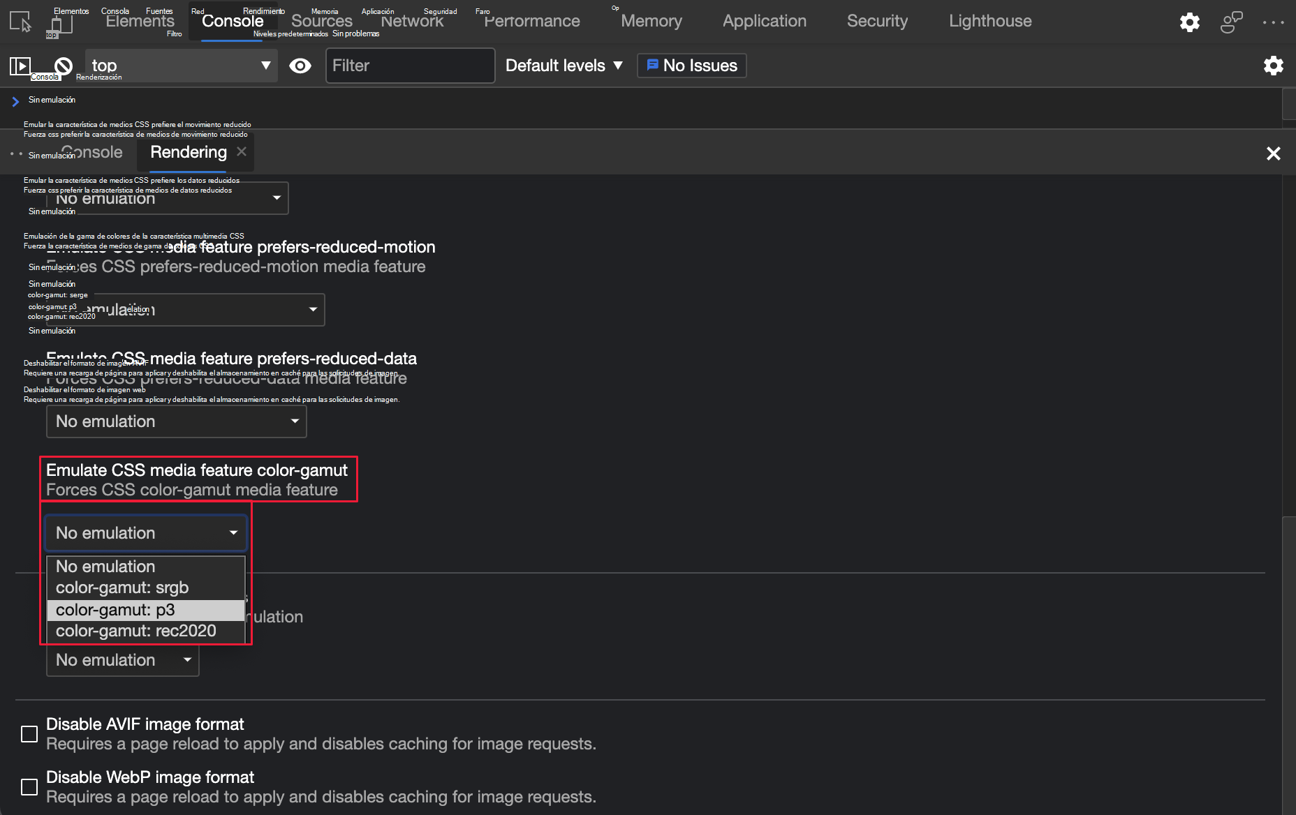 Emulación de la característica de medios de gama de colores CSS