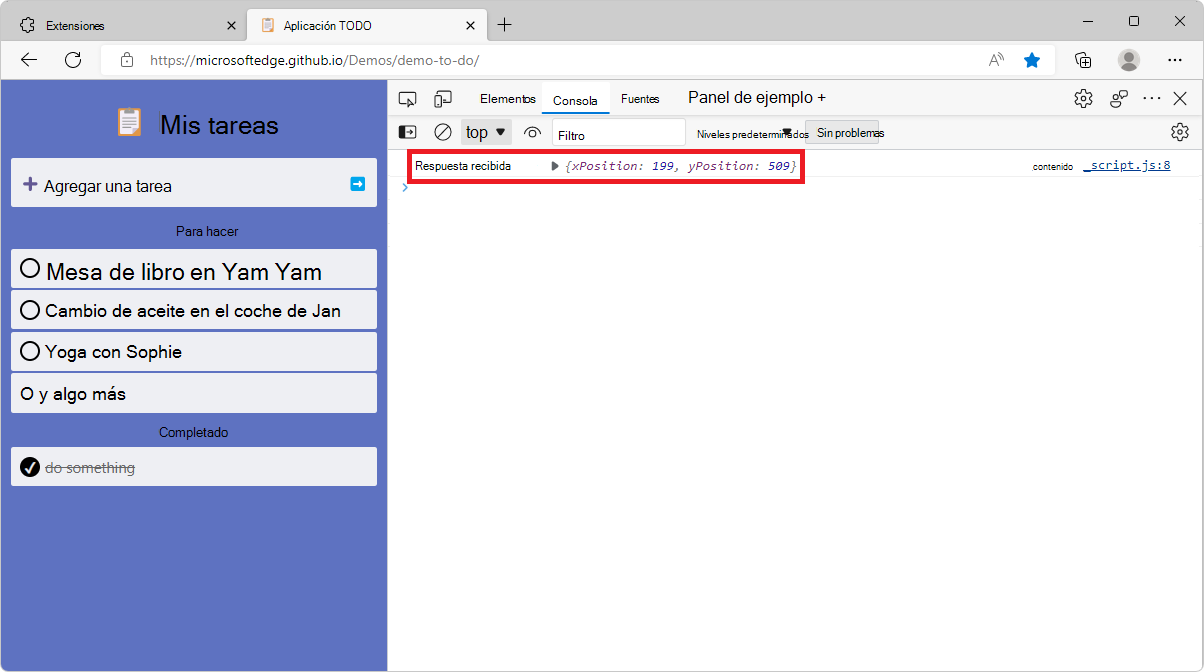 La herramienta Consola de DevTools que muestra el mensaje de posición en el que se ha hecho clic