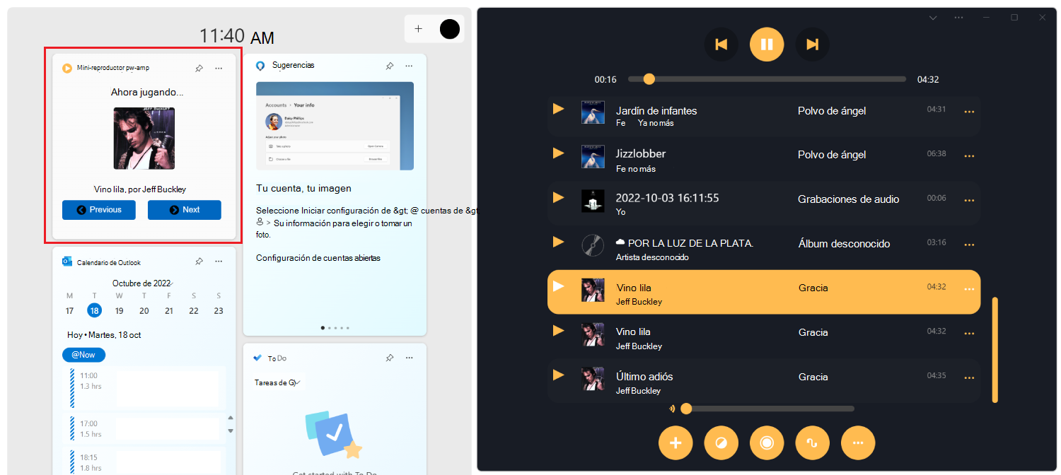 Panel de widgets de Windows, junto a la aplicación de demostración PWAmp. El panel de widgets contiene el widget de mini reproductor pwamp, que muestra la canción actual que se reproduce en la aplicación PWAmp.