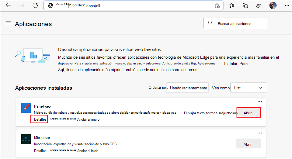 Lista de aplicaciones instaladas en edge://apps