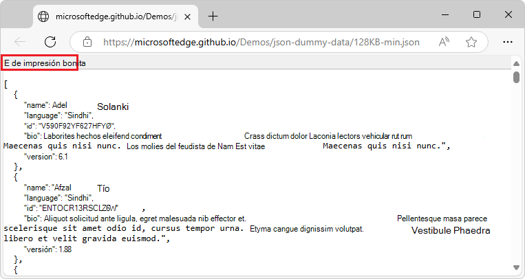 Un archivo .json minificado, que se ve con La impresión bonita seleccionada