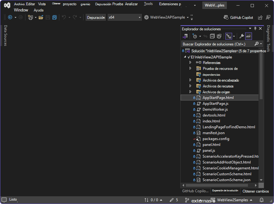 El proyecto WebView2APISample en Explorador de soluciones