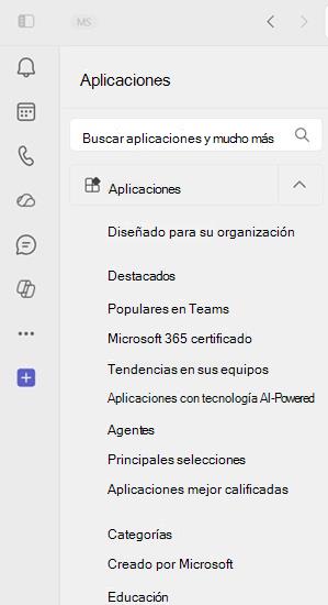 Captura de pantalla que muestra todos los lugares donde los usuarios pueden examinar las aplicaciones en Microsoft Teams.