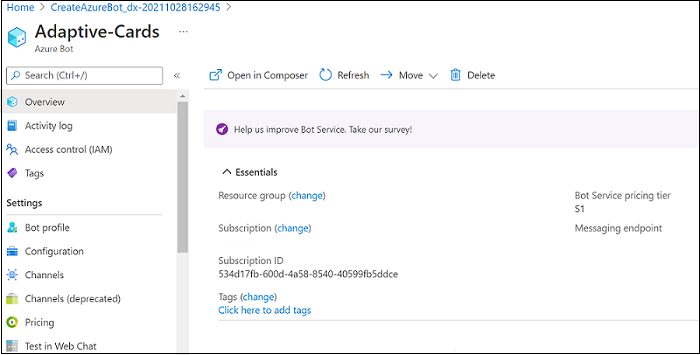 Captura de pantalla que muestra cómo crear Azure recursos del bot.