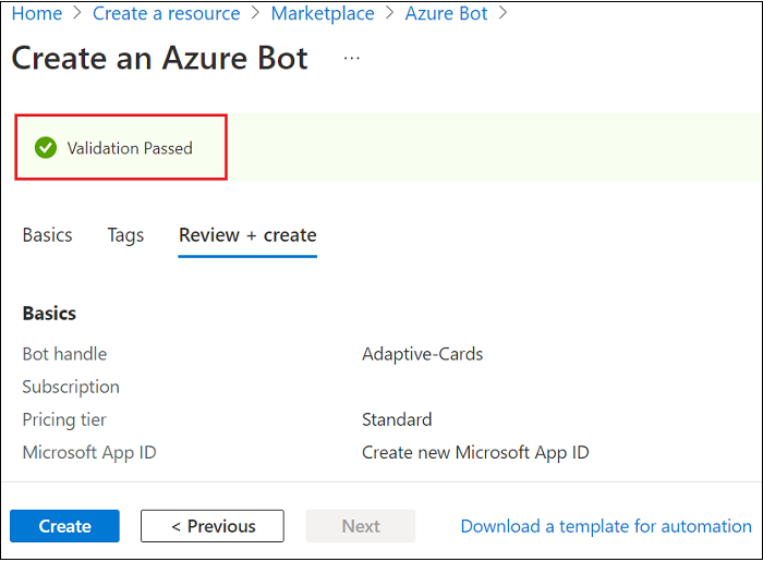Captura de pantalla que muestra cómo se supera la validación de Azure bot.