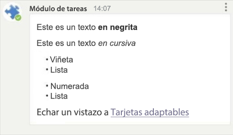 Captura de pantalla que muestra un ejemplo del formato de Markdown de tarjeta adaptable en la plataforma Android de Teams.