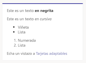 Captura de pantalla que muestra un ejemplo del formato de Markdown de tarjeta adaptable en el cliente de escritorio de Teams.