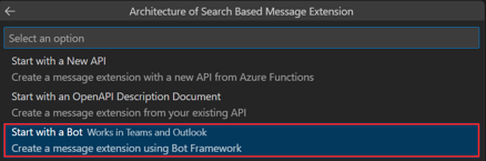 Captura de pantalla que muestra la opción Iniciar con un bot para crear una extensión de mensaje basada en bots en Visual Studio Code.