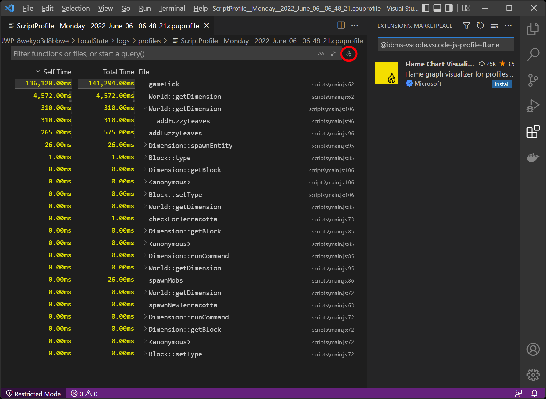 Profiler showing flame icon in upper right hand corner