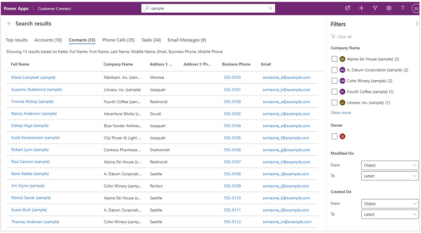 Kontaktuak fitxako bilaketa-emaitzen adibide bat.