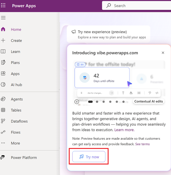 Saiatu esperientzia berriaren aurrebistaren botoia Power Apps interfazean