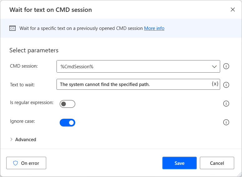 Wait for text on cmd session ekintzaren pantaila-argazkia.