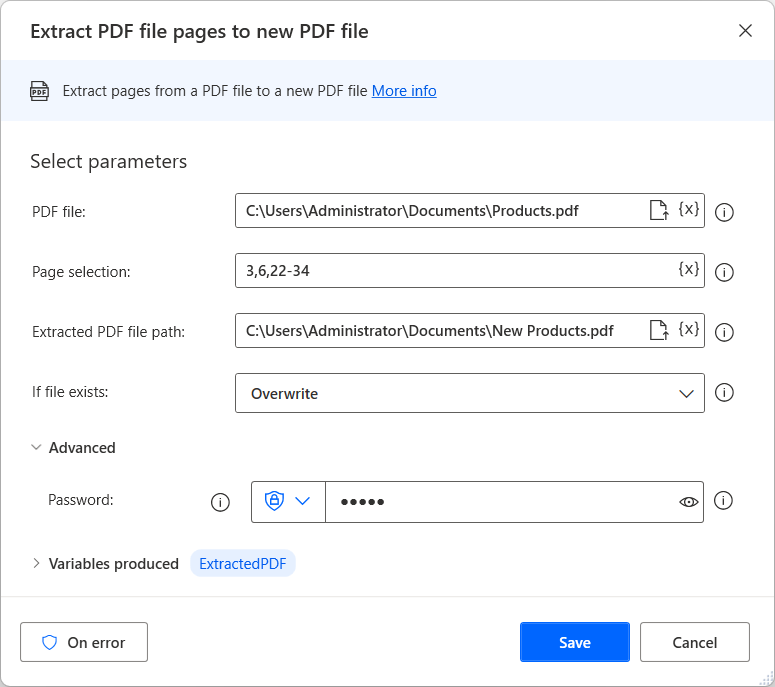 Atera PDF fitxategien orrien pantaila-argazkia PDF fitxategi berrira ekintza.