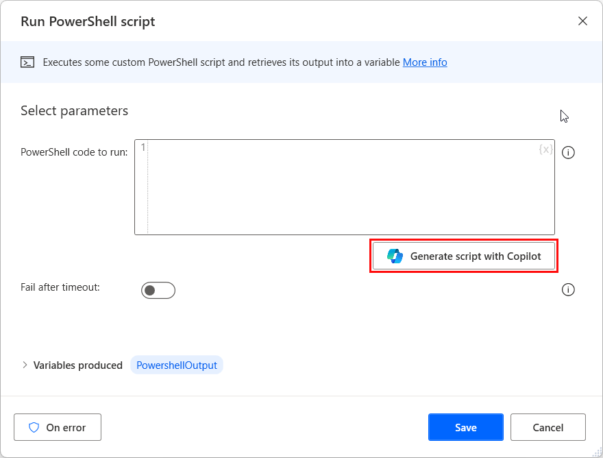 Exekutatu PowerShell ekintzaren pantaila-argazkia Sortu script-a kopilotuarekin botoia nabarmenduta