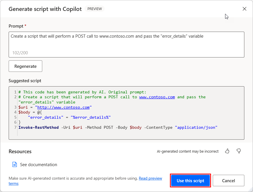 Erabili script hau PowerShell ekintzaren pantaila-argazkia, gonbita-elkarrizketa irekita